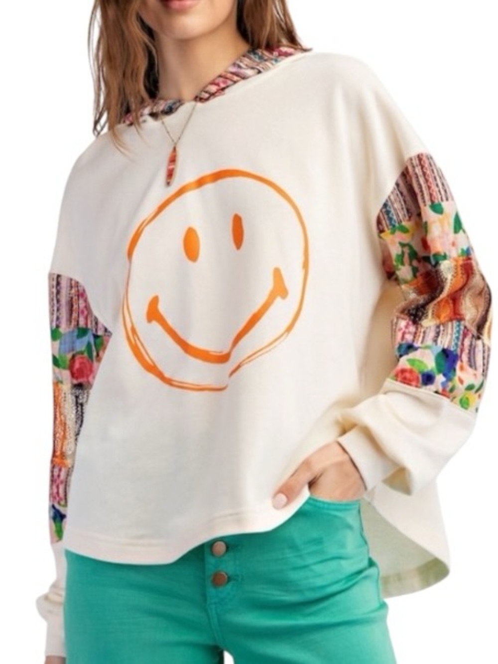 easel The Emery Smiley Face Mix Print Hoodie Pullover Size S